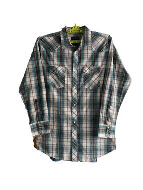 HIGH Noon Western Shirt Pockets Pearl-like Snaps Brown Turquoise Plaid LGE TL